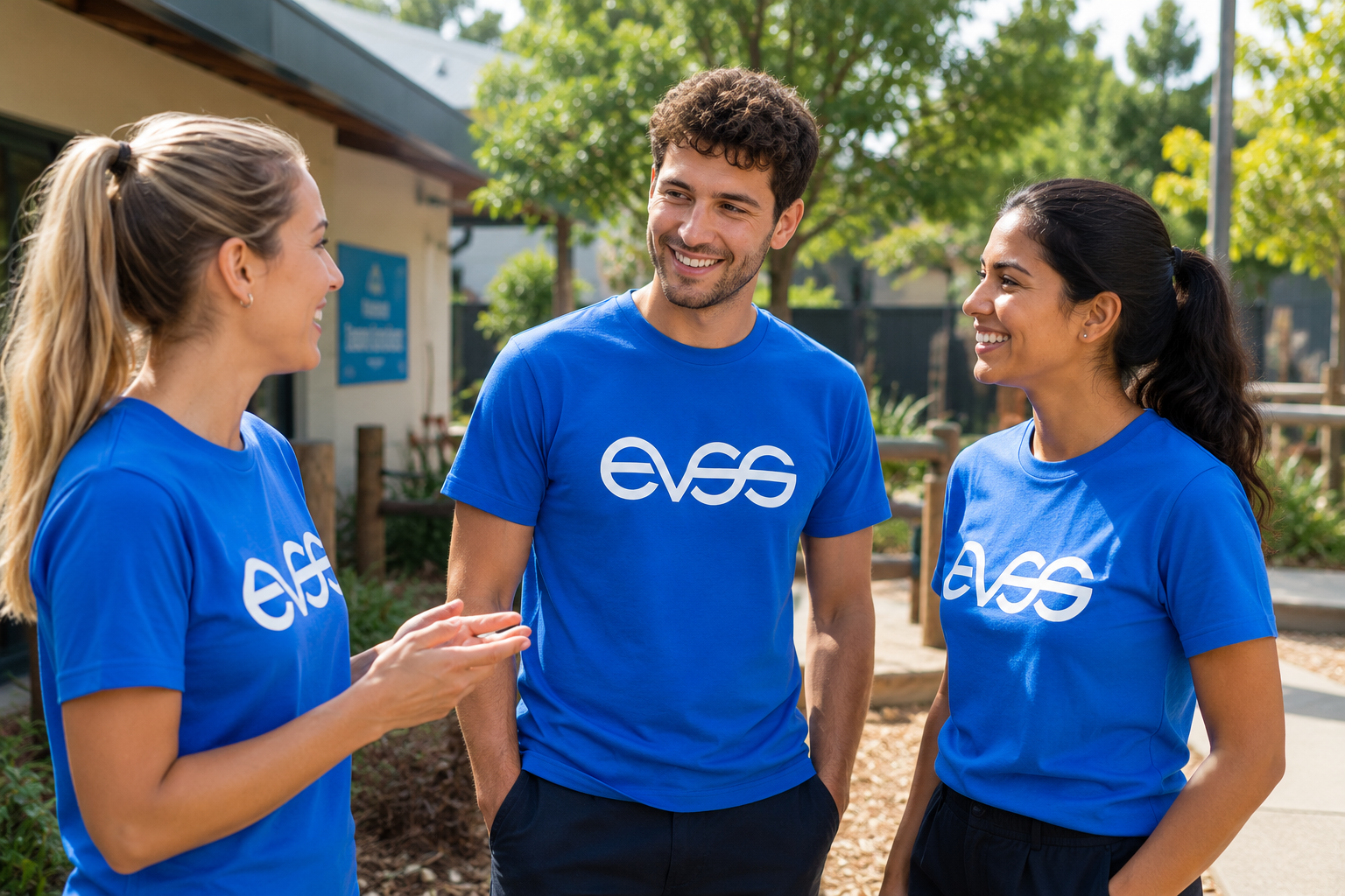Three EVSS team members in blue EVSS shirts chatting warmly outside a community building, the everyday EVSS team in the field