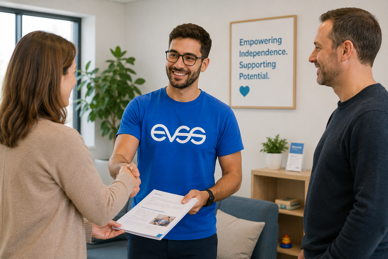 EVSS practitioner in blue EVSS shirt warmly greeting a parent and Support Coordinator, handing over a printed information pack in front of an Empowering Independence. Supporting Potential. poster