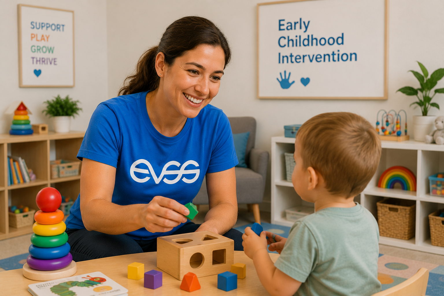 EVSS Early Childhood Intervention practitioner playing with a toddler, wooden shape sorter, rainbow rings and a Support · Play · Grow · Thrive poster in the background