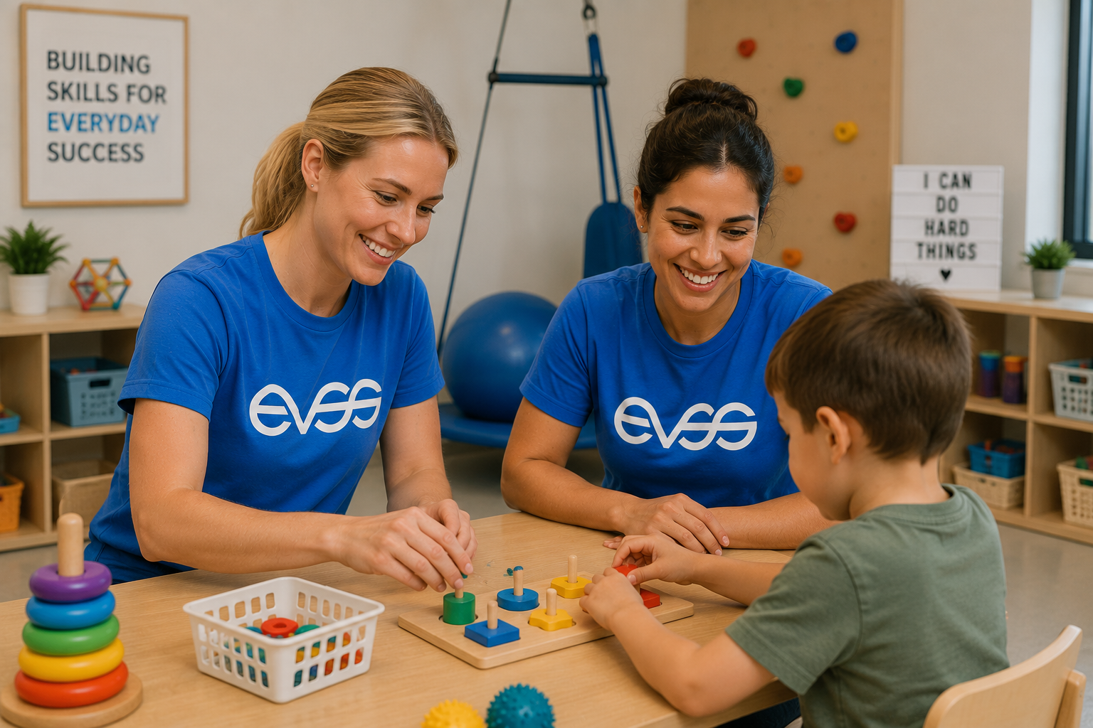 Two EVSS Occupational Therapists in blue EVSS shirts working with a young boy on a peg-board fine-motor task, climbing wall and Building Skills For Everyday Success poster in the background