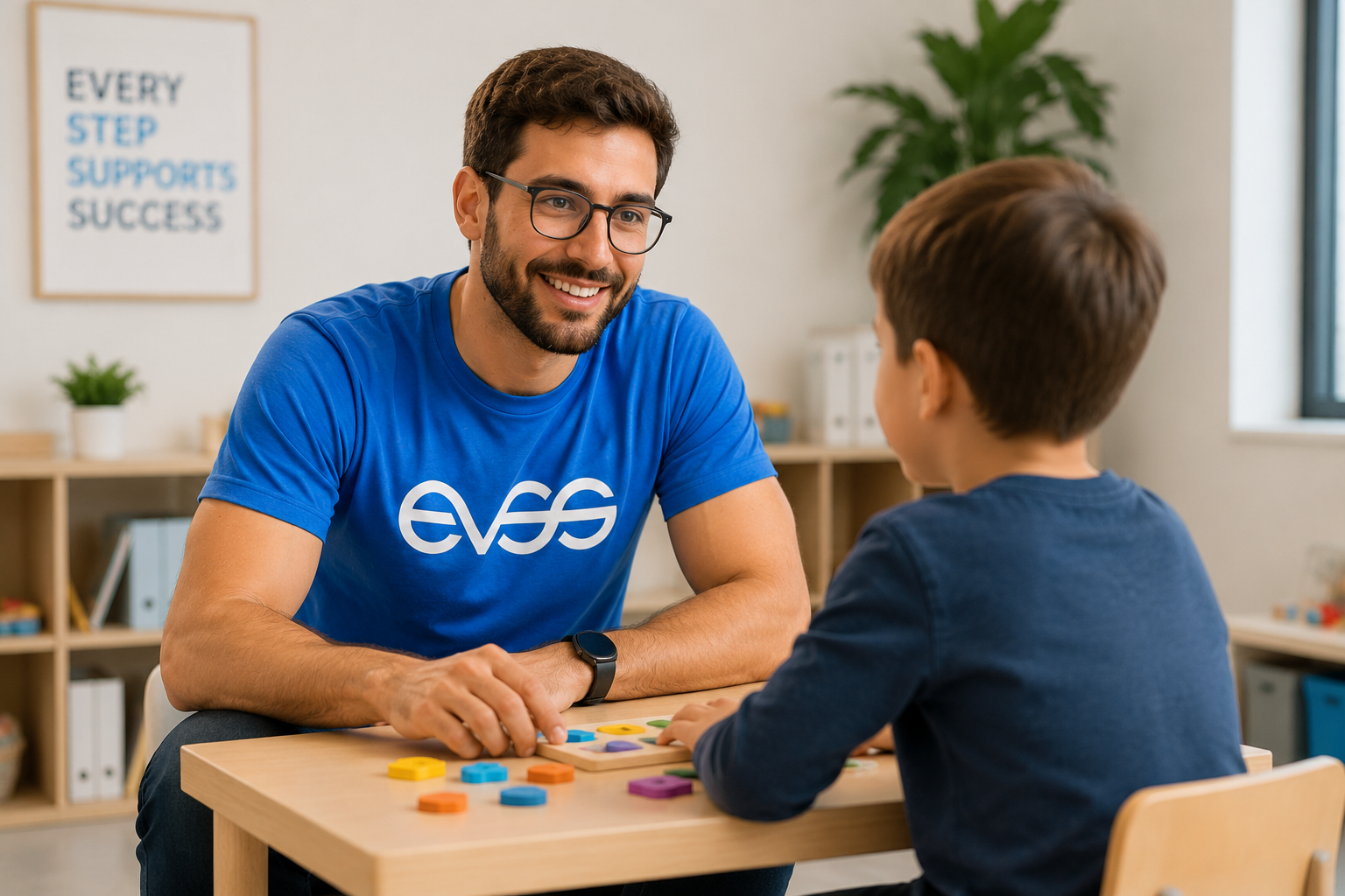 EVSS Behaviour Support Practitioner in EVSS blue shirt working one-on-one with a primary-school-aged boy on a shape-matching activity, Every Step Supports Success poster in the background