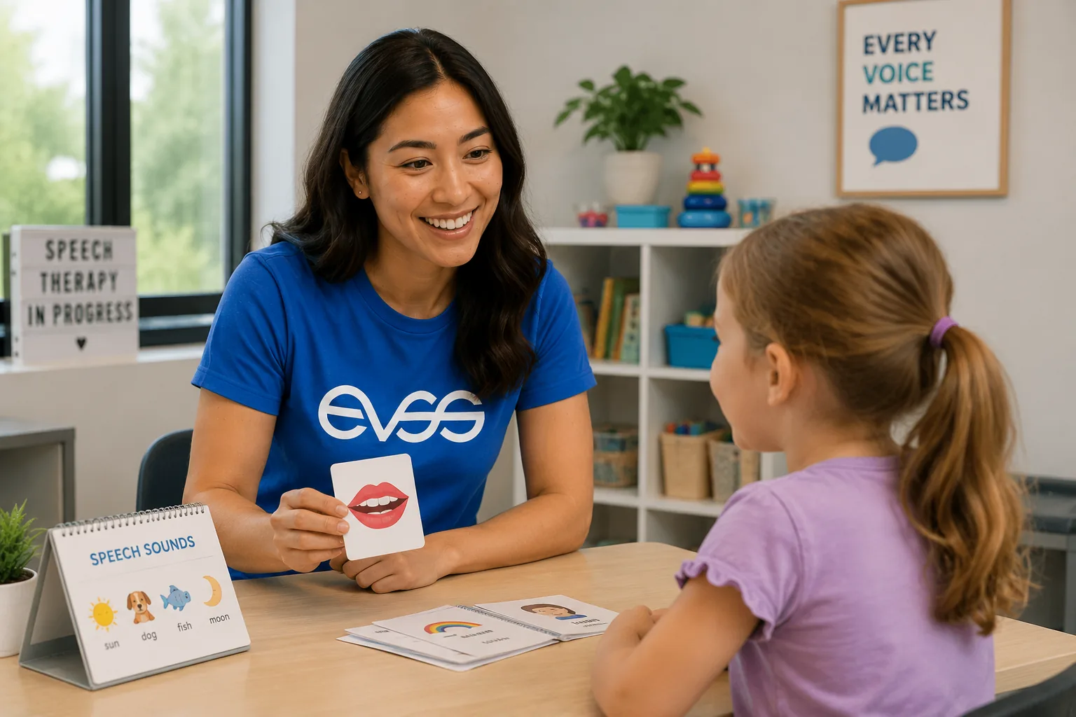 EVSS Speech Pathologist using articulation flashcards with a young girl
