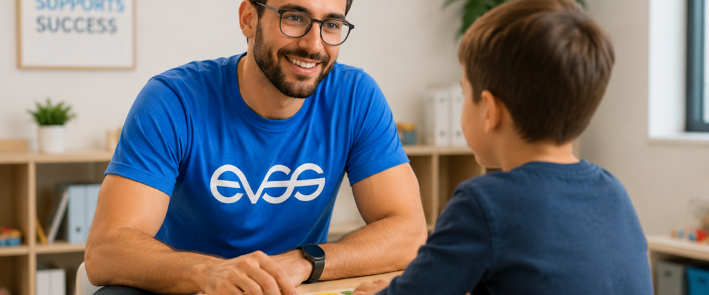 Smiling EVSS support worker in blue branded t-shirt sits at a small table with a young child, using colourful wooden puzzle…